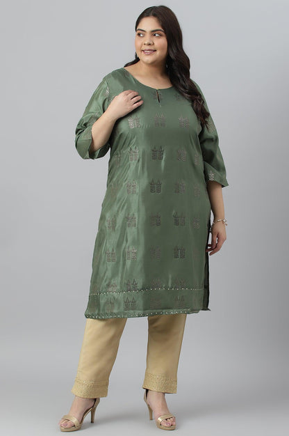 Green Shantung Plus Size kurta With Mukaish Print - wforwoman