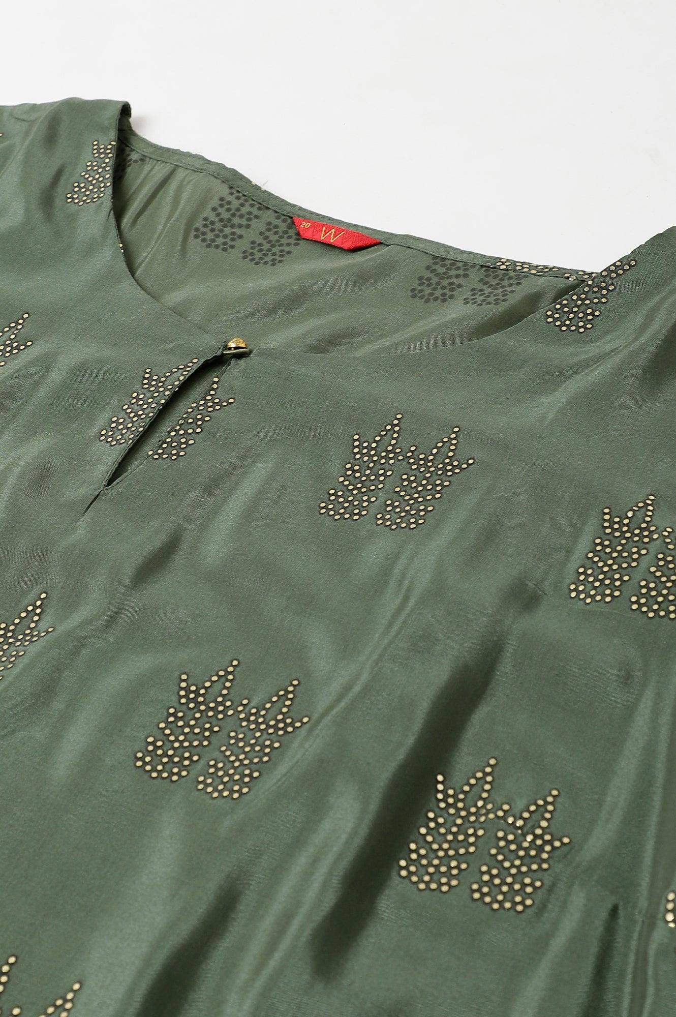 Green Shantung Plus Size kurta With Mukaish Print - wforwoman