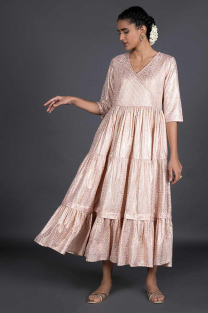 Light Pink Gold Printed Festive Dress - wforwoman