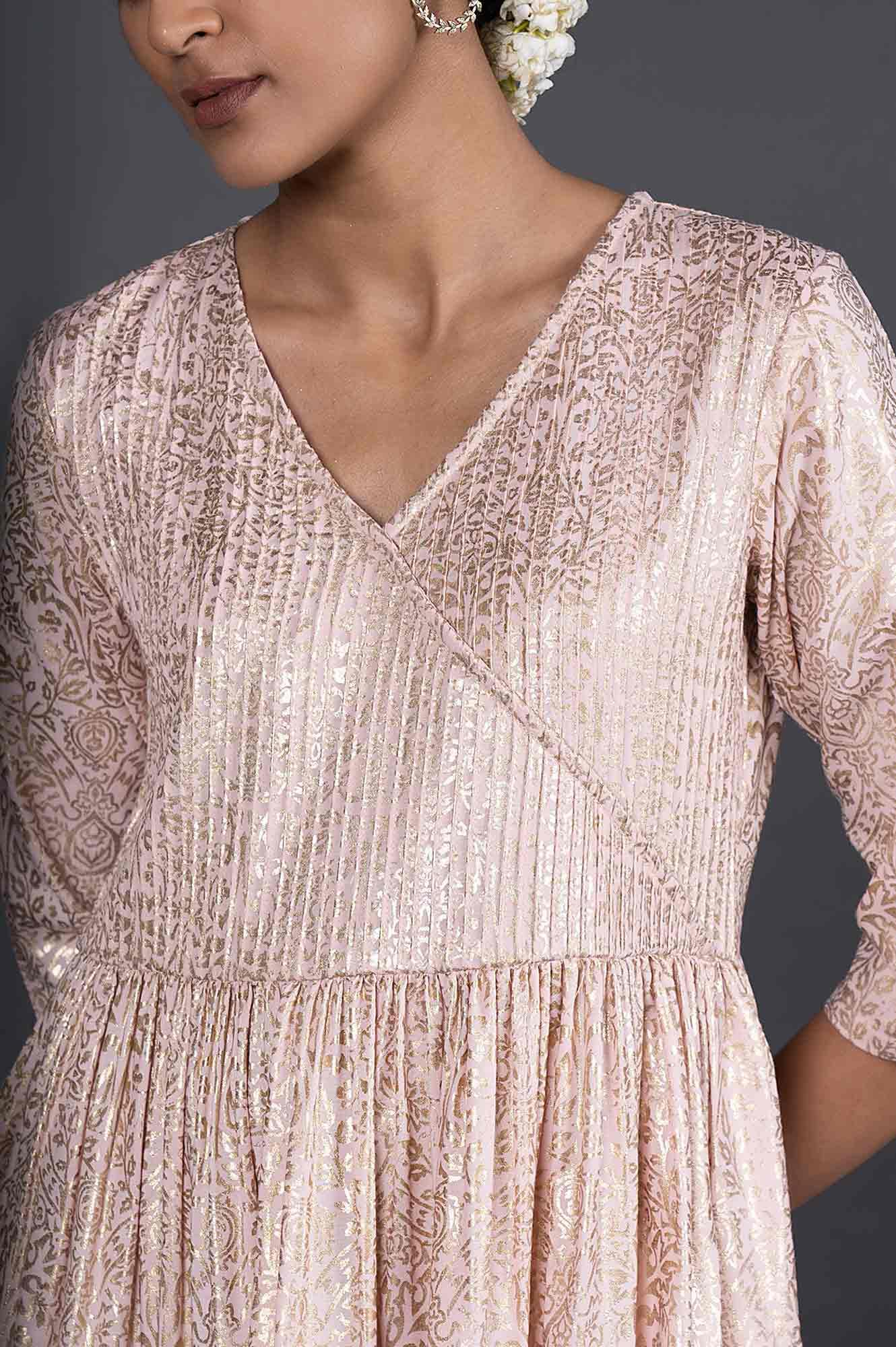 Light Pink Gold Printed Festive Dress - wforwoman