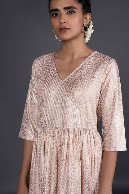 Light Pink Gold Printed Festive Dress - wforwoman