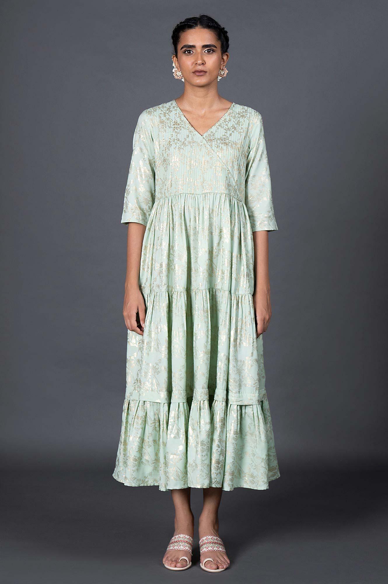 Green Gold Printed Mock Angrakha Dress - wforwoman