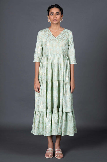 Green Gold Printed Mock Angrakha Dress - wforwoman