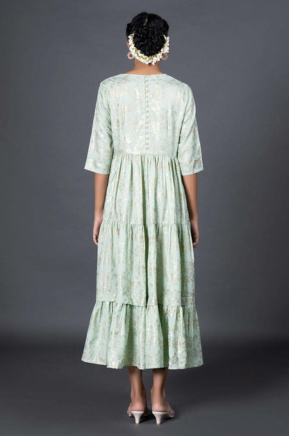 Green Gold Printed Mock Angrakha Dress - wforwoman