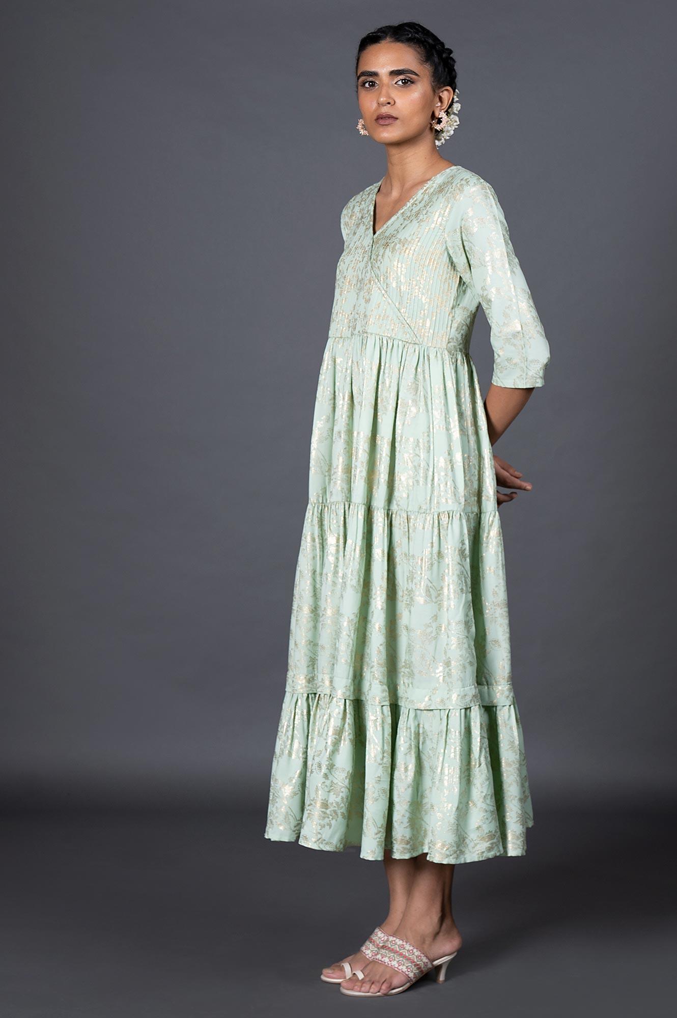 Green Gold Printed Mock Angrakha Dress - wforwoman