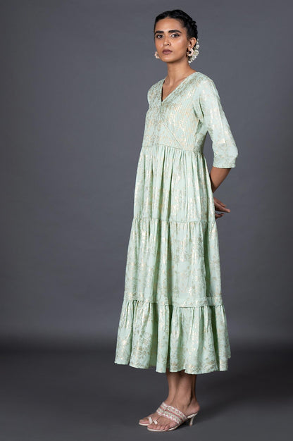 Green Gold Printed Mock Angrakha Dress - wforwoman