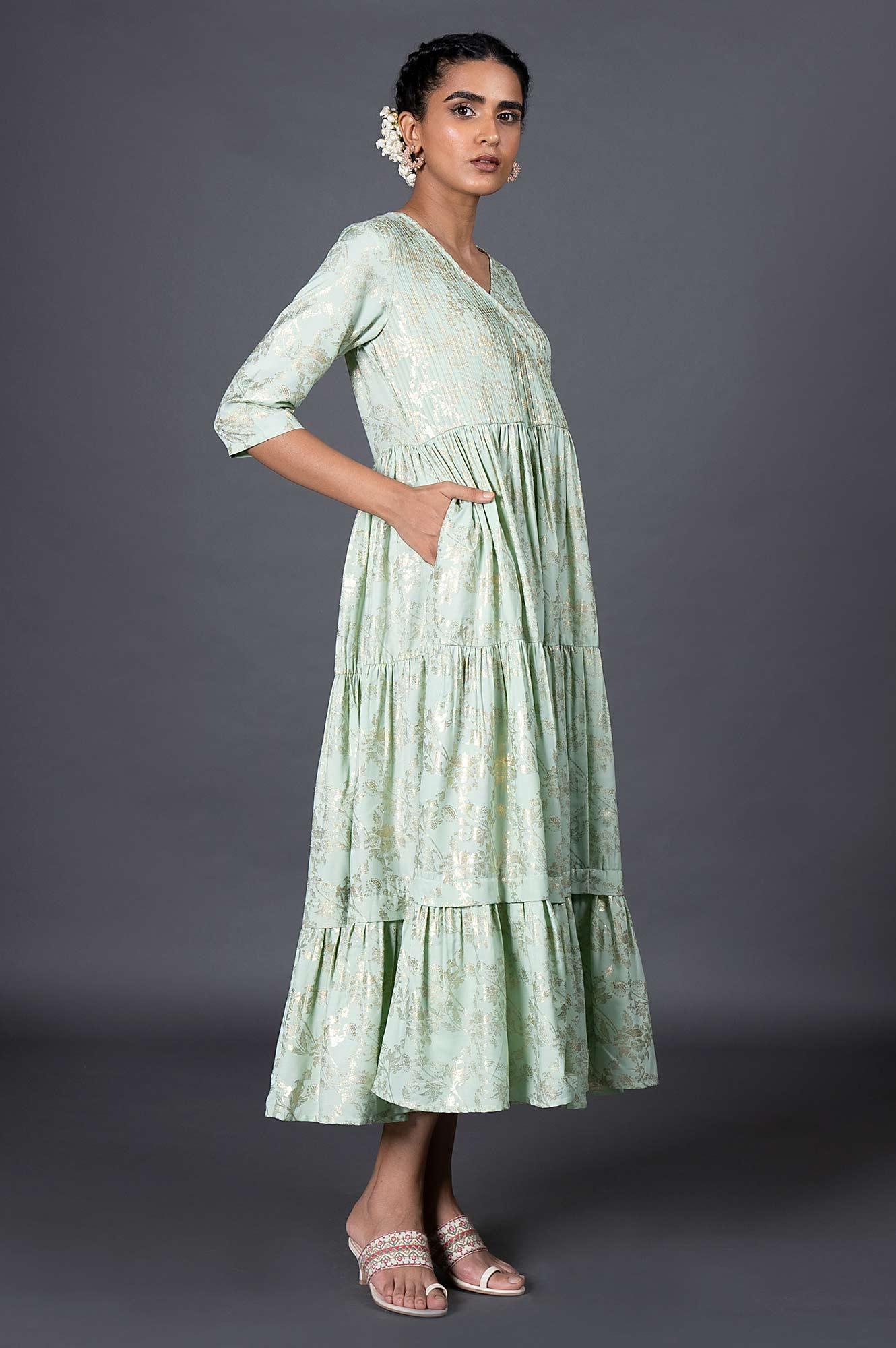 Green Gold Printed Mock Angrakha Dress - wforwoman