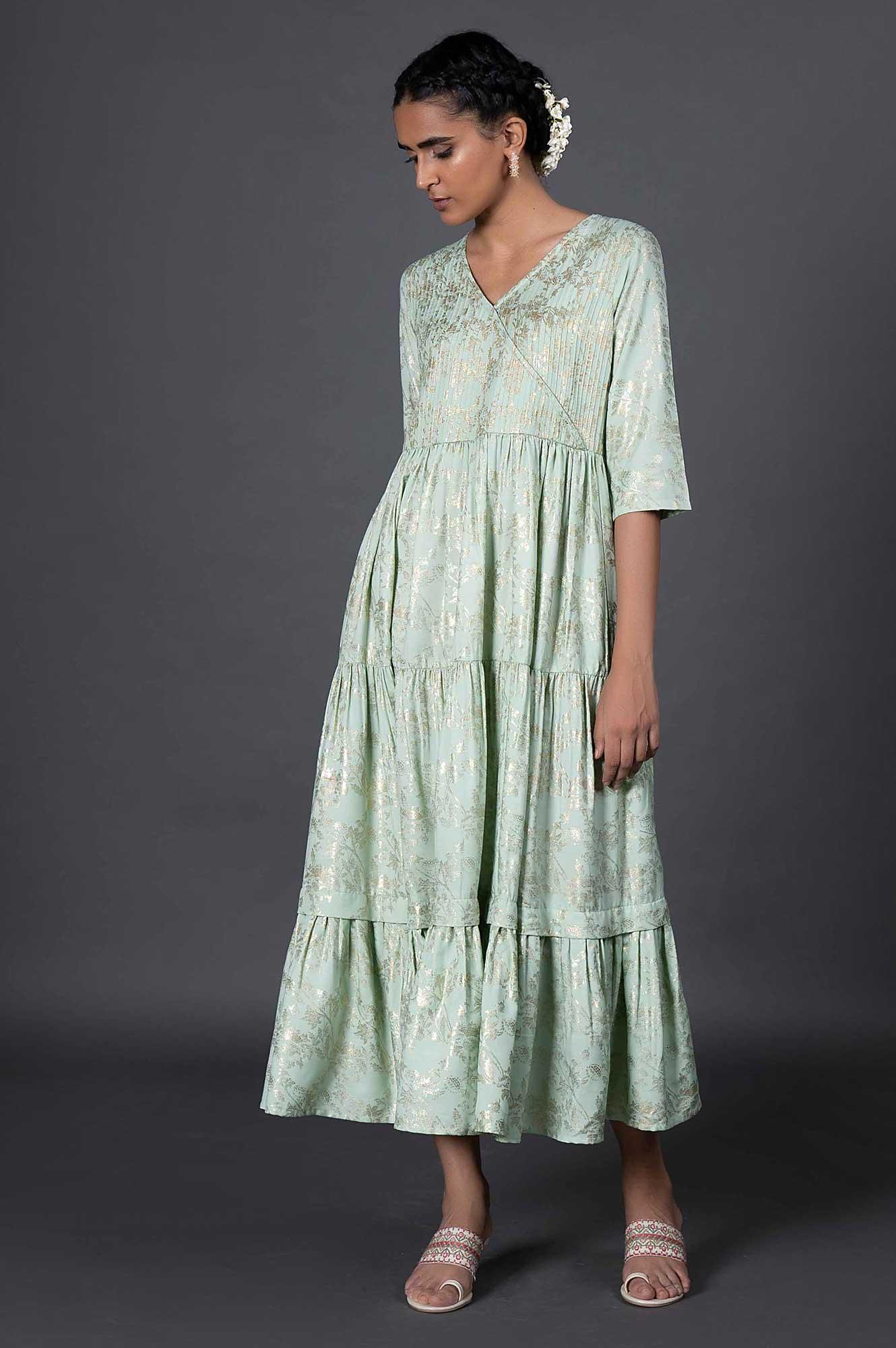 Green Gold Printed Mock Angrakha Dress - wforwoman
