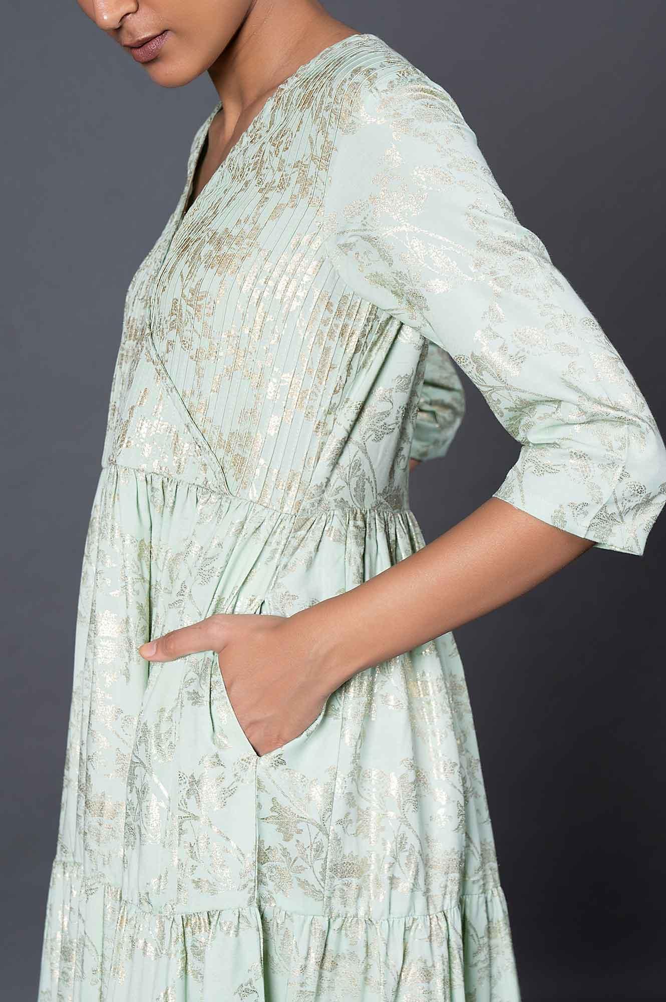 Green Gold Printed Mock Angrakha Dress - wforwoman