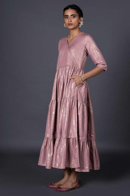 Light Purple Gold Printed Mock Angrakha Dress - wforwoman