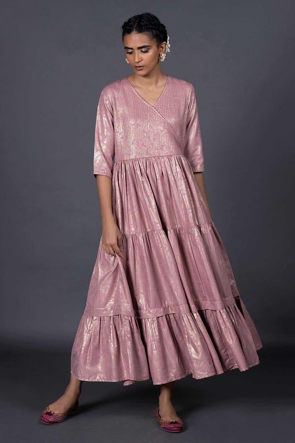 Light Purple Gold Printed Mock Angrakha Dress