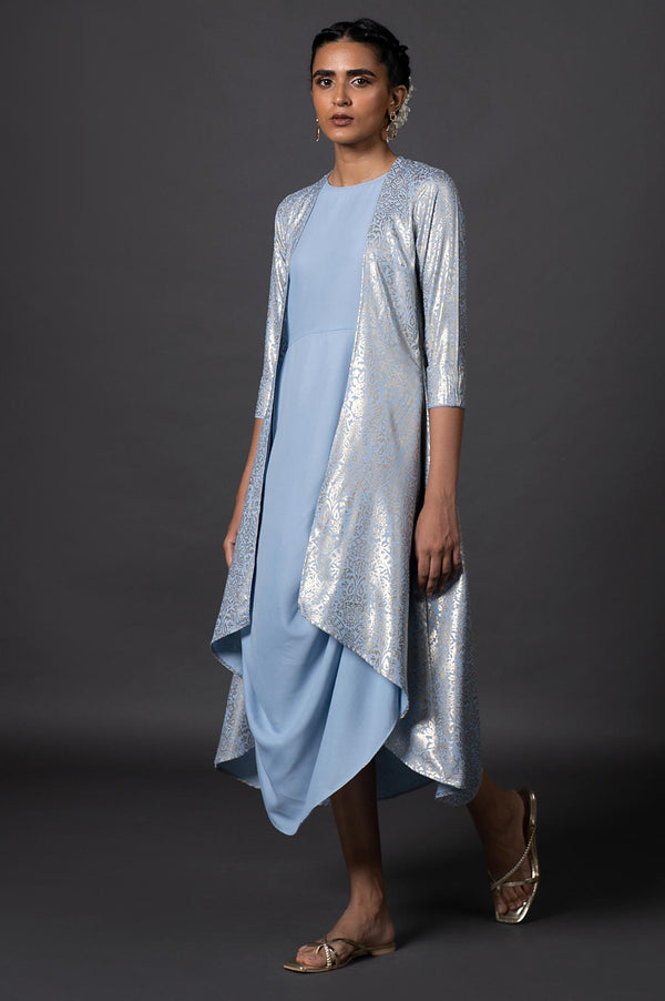 Light Blue Floral Printed Mock Layered Dress