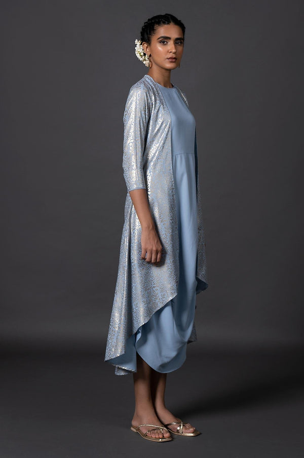 Light Blue Floral Printed Mock Layered Dress