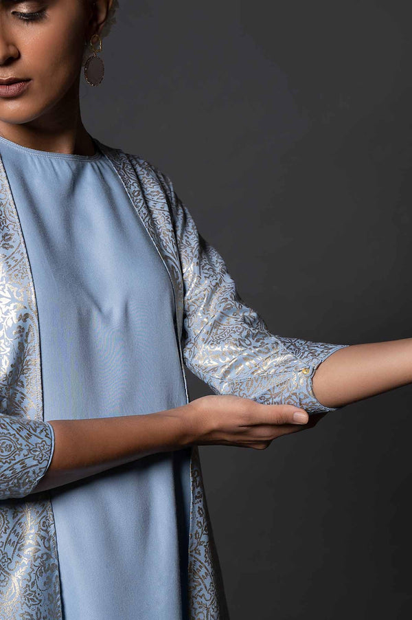 Light Blue Floral Printed Mock Layered Dress