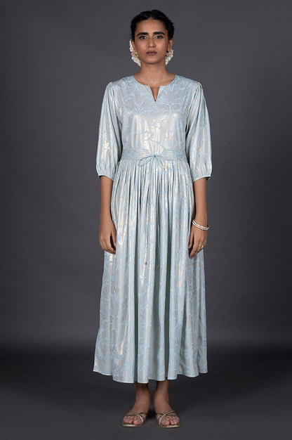 Light Blue Foil Printed Pleated Dress With Belt - wforwoman