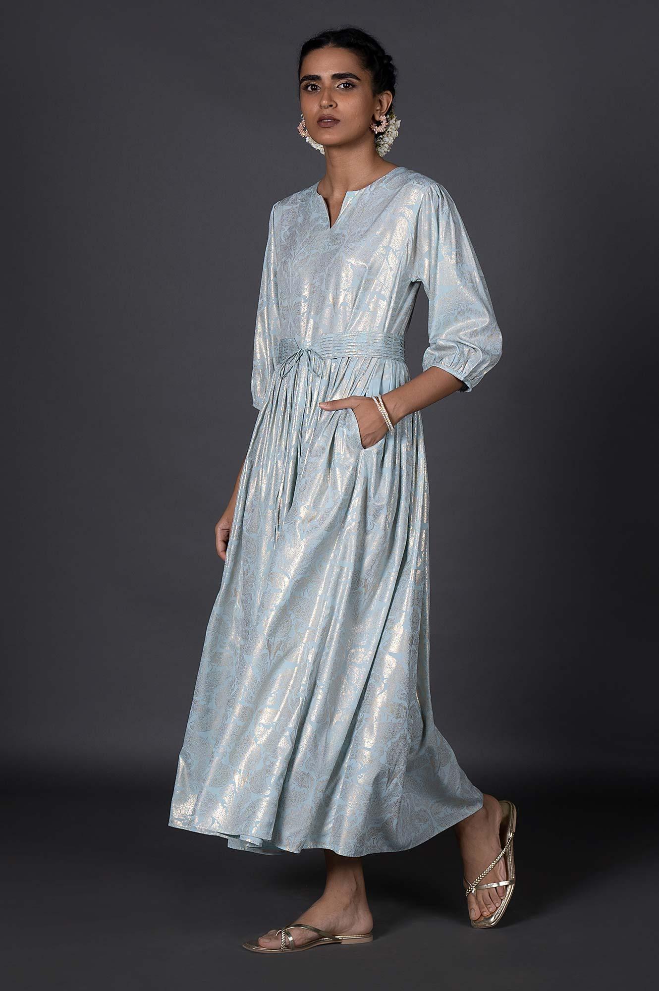 Light Blue Foil Printed Pleated Dress With Belt - wforwoman
