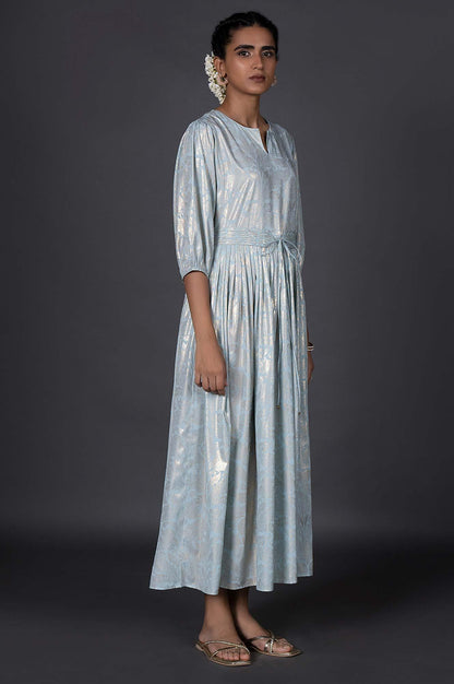 Light Blue Foil Printed Pleated Dress With Belt - wforwoman