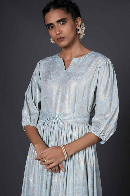 Light Blue Foil Printed Pleated Dress With Belt - wforwoman