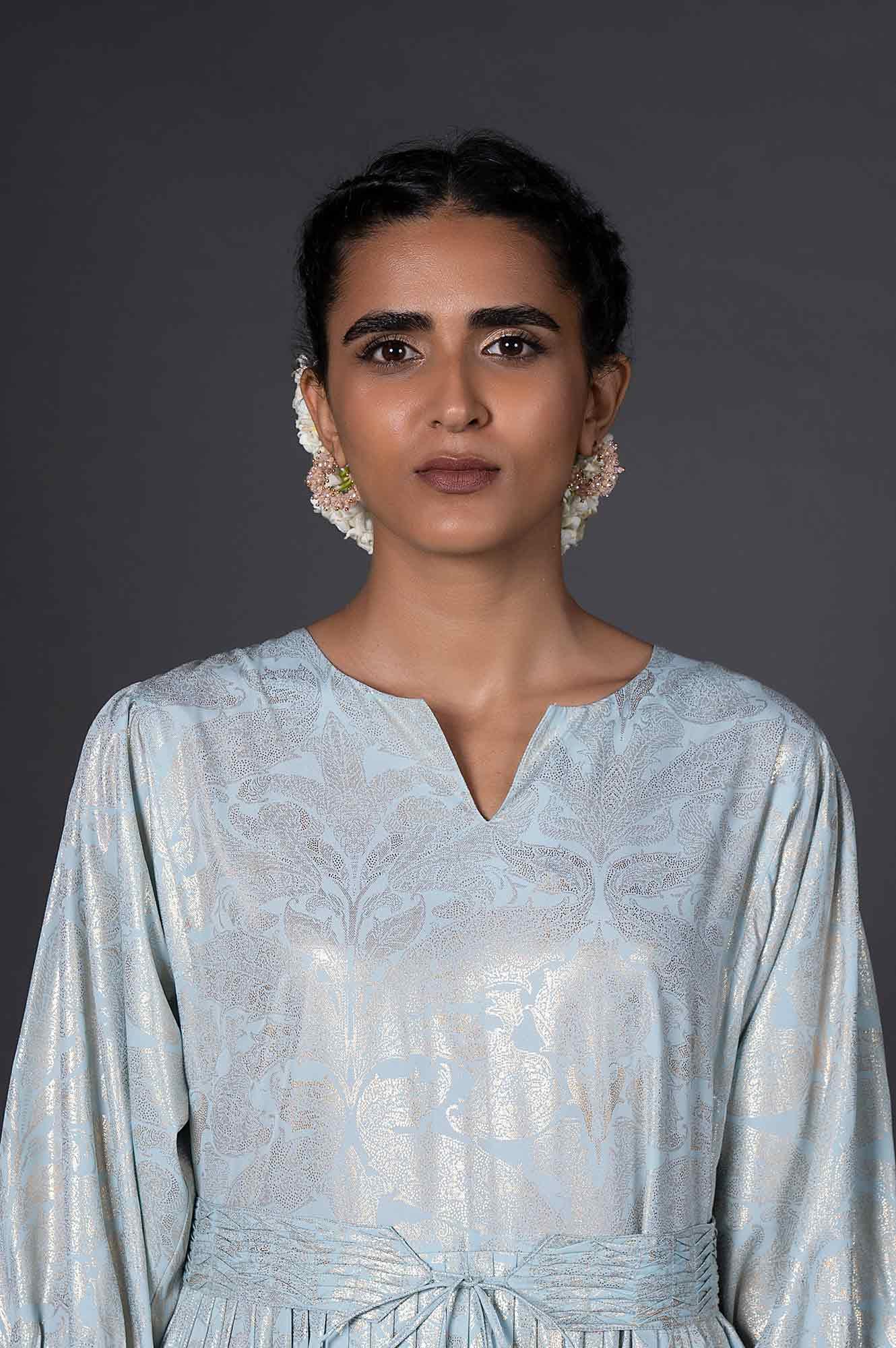 Light Blue Foil Printed Pleated Dress With Belt - wforwoman