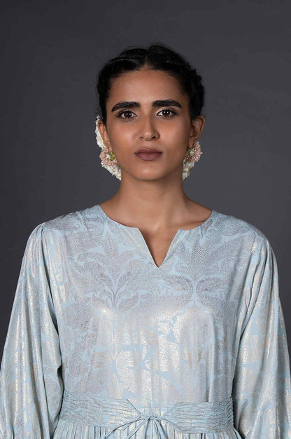 Light Blue Foil Printed Pleated Dress With Belt - wforwoman