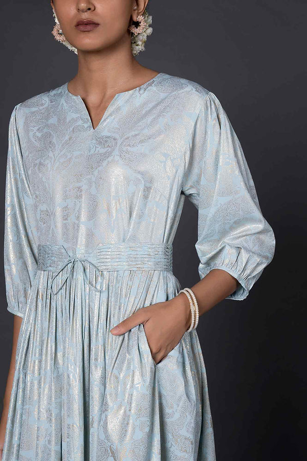 Light Blue Foil Printed Pleated Dress With Belt