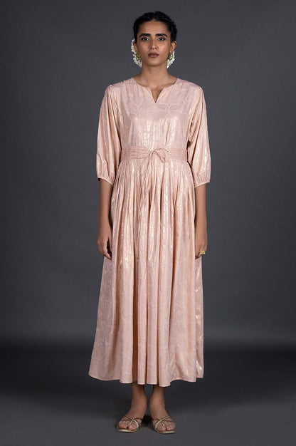 Light Pink Foil Printed Pleated Dress With Belt - wforwoman