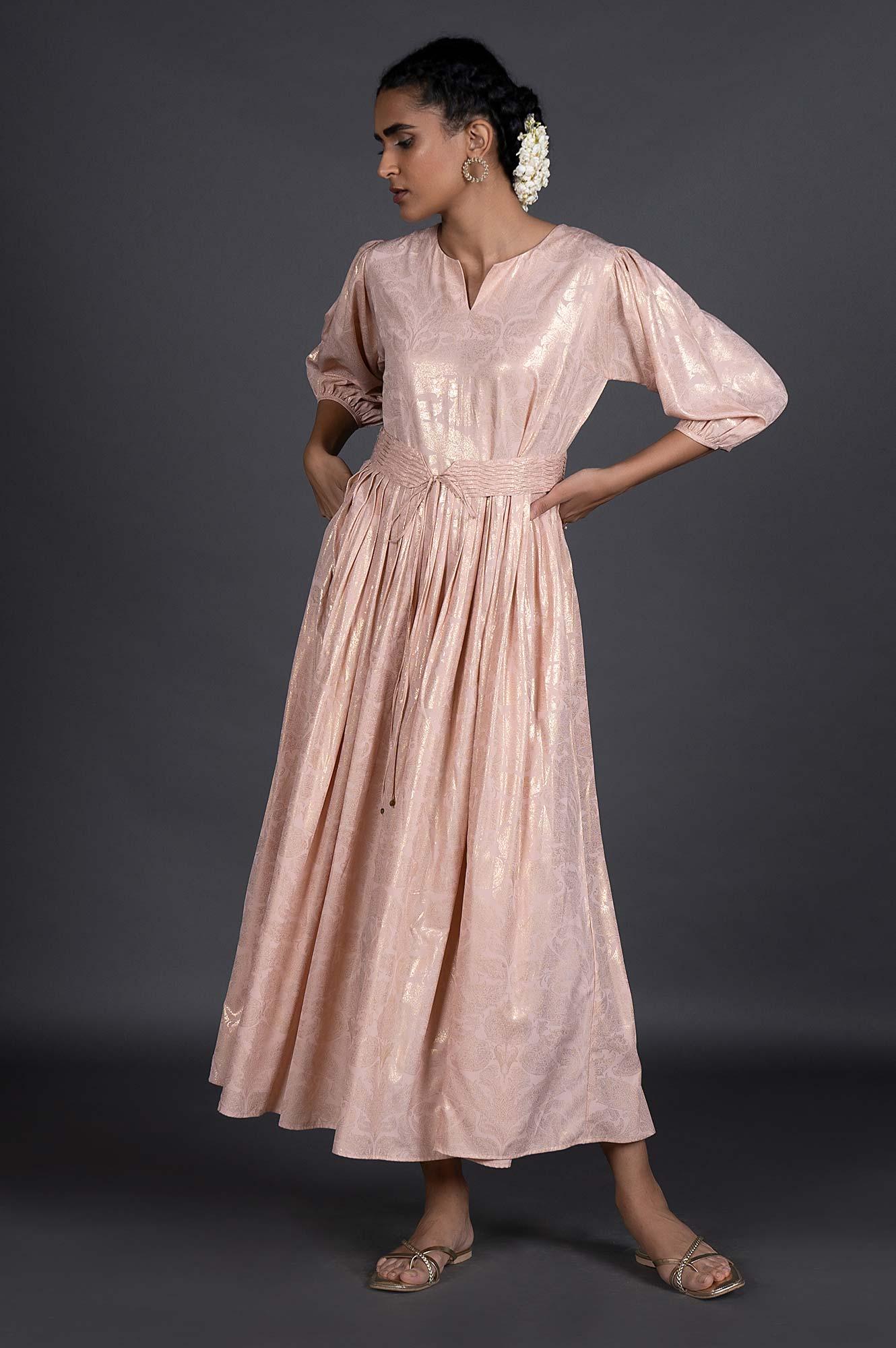 pink foil dress Open-Back Long Metallic Foil Prom Dress