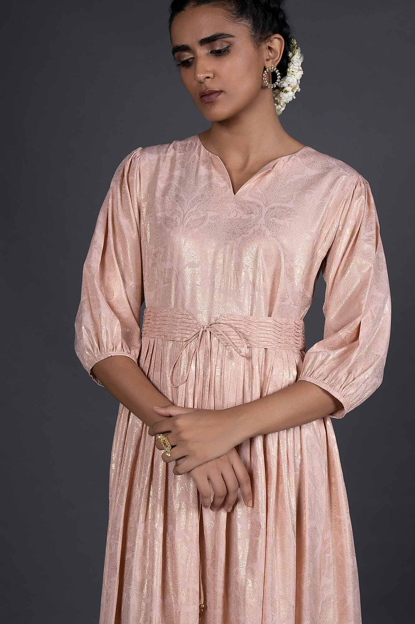 Light Pink Foil Printed Pleated Dress With Belt - wforwoman