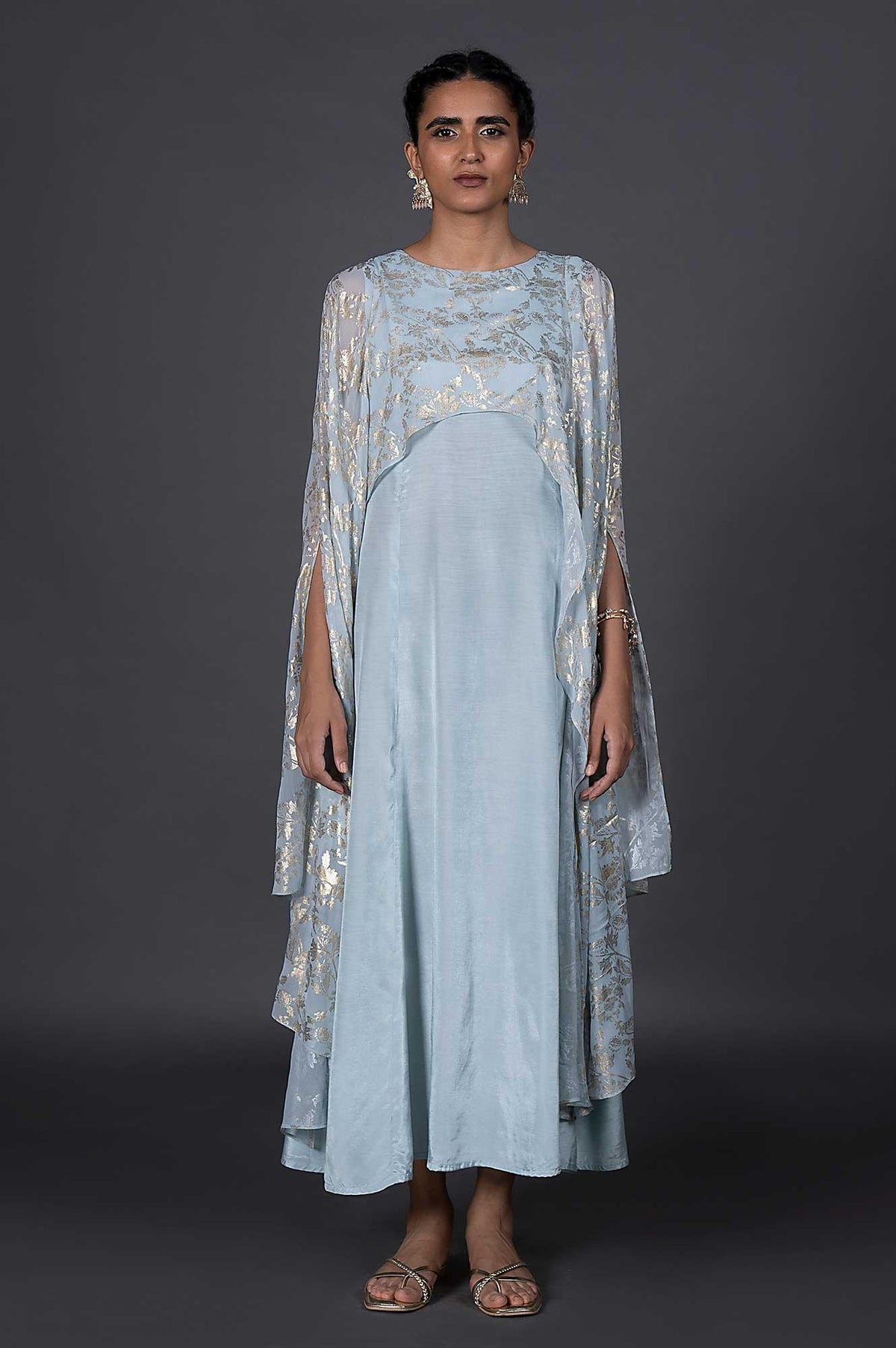 Light Blue Solid Belted Dupatta Drape Georgette Dress - XS