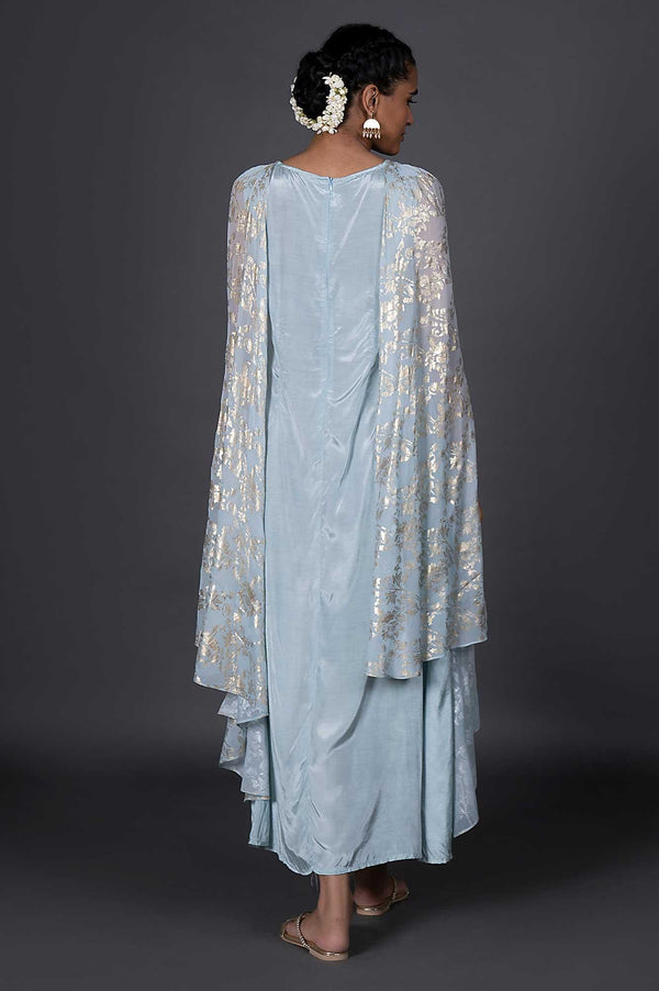 Light Blue Solid Belted Dupatta Drape Georgette Dress
