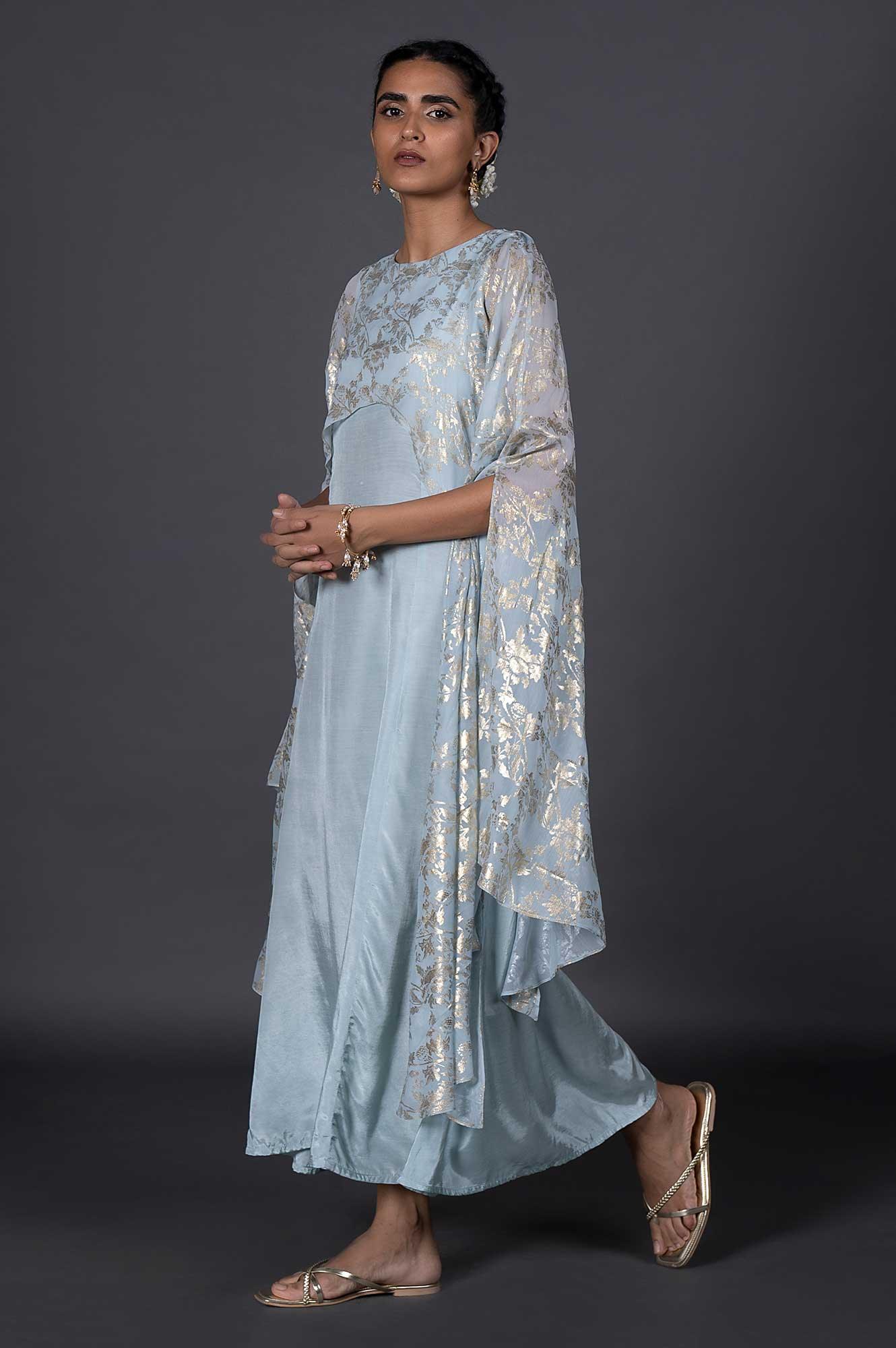 Light Blue Dupatta Drape Dress - wforwoman