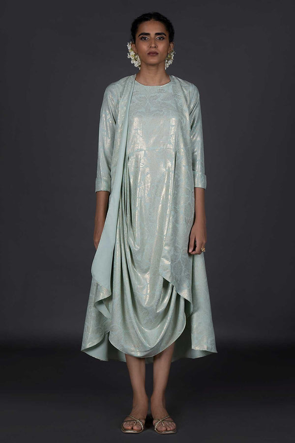 Green Mock Layered Printed Festive Viscose Cowl Dress