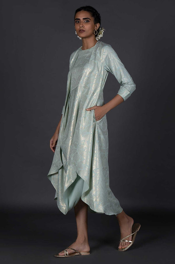 Green Mock Layered Printed Festive Viscose Cowl Dress