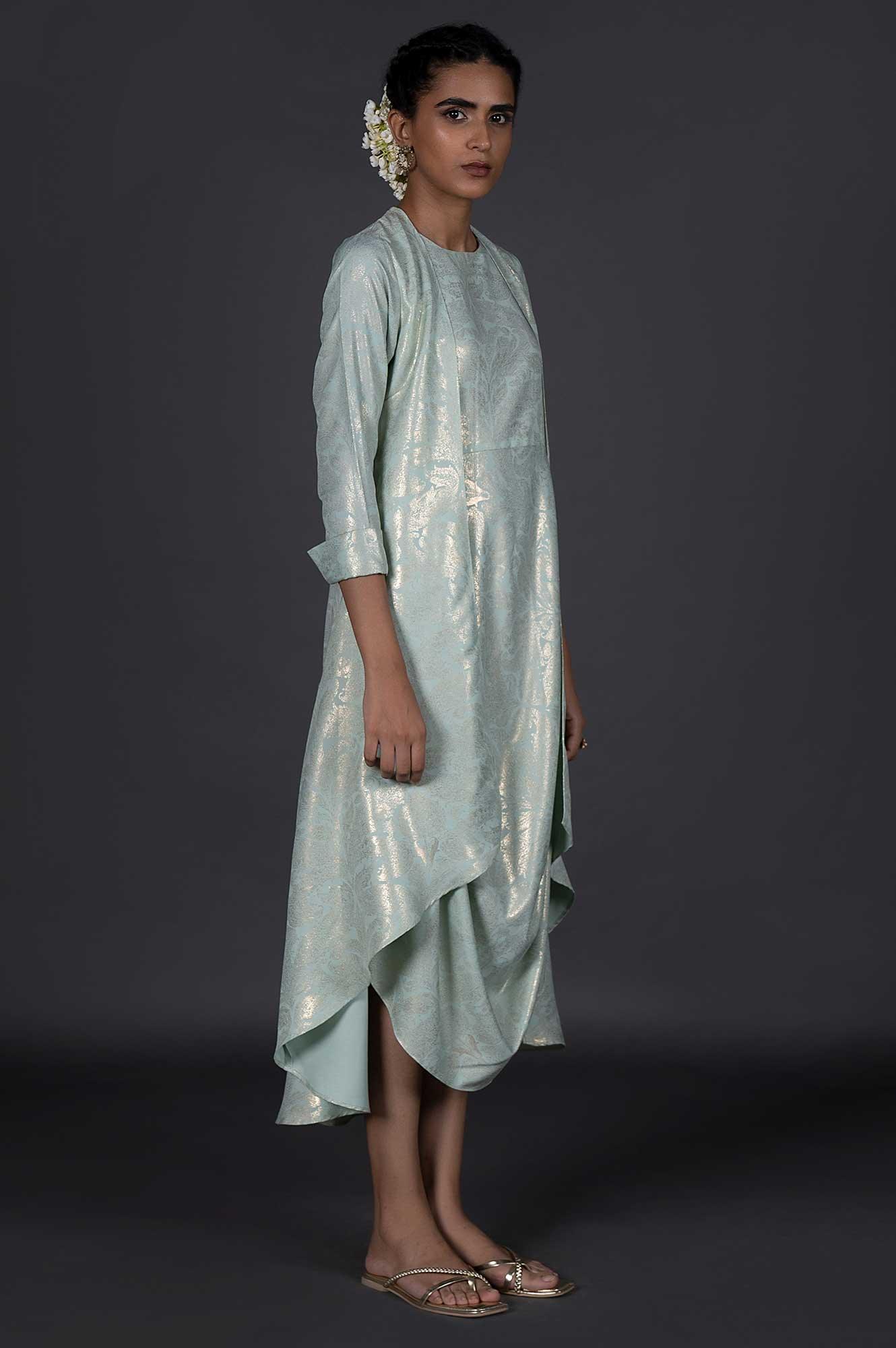 Green Mock Layered Printed Festive Cowl Dress - wforwoman