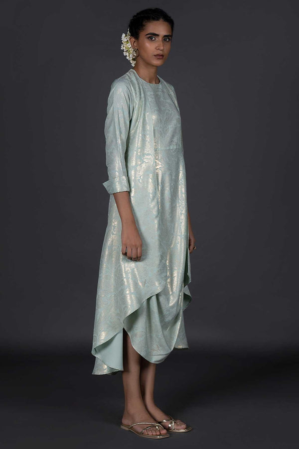 Green Mock Layered Printed Festive Viscose Cowl Dress