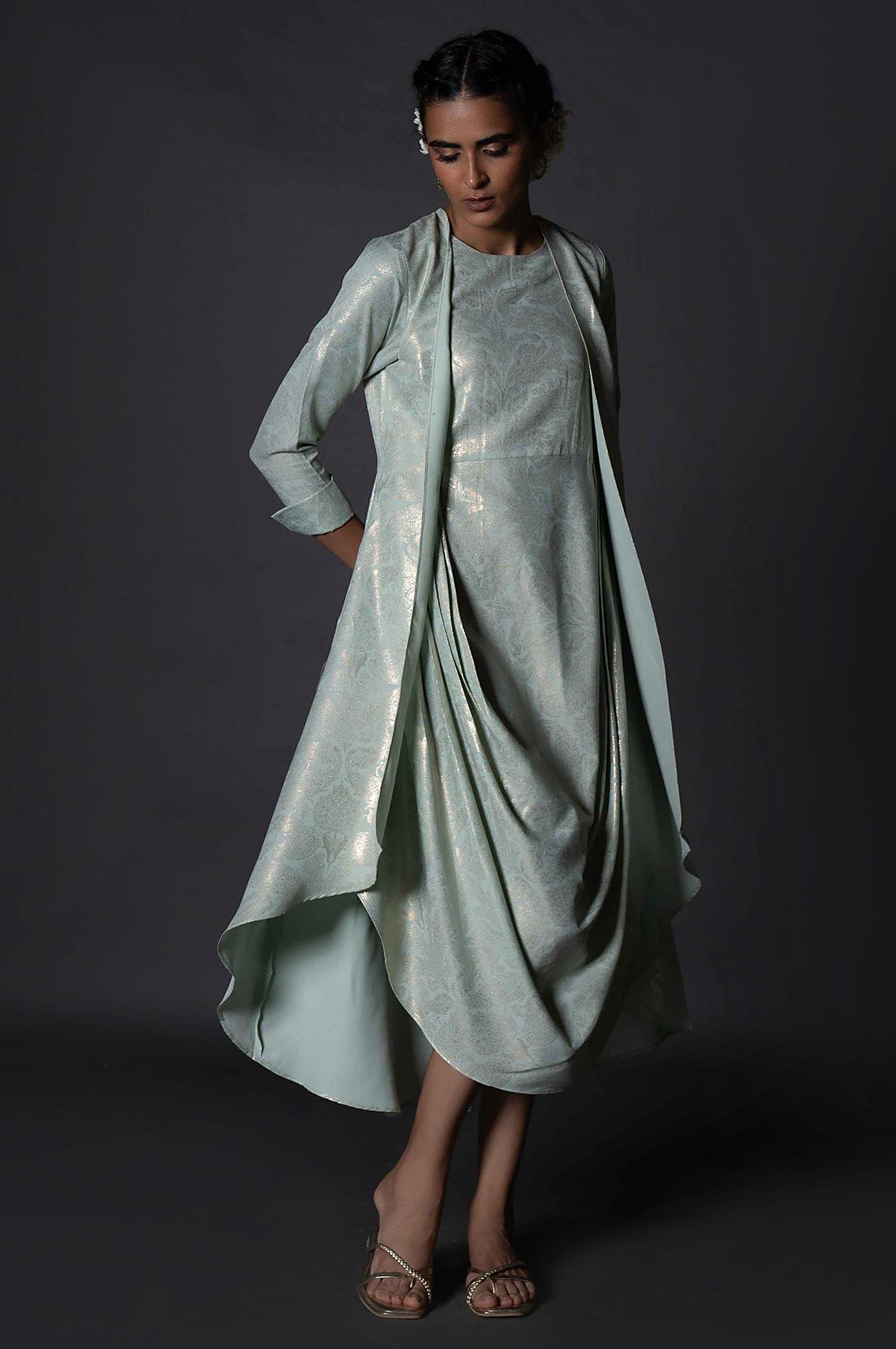 Buy Green Mock Layered Printed Festive Viscose Cowl Dress Online for Woman | WforWoman Buy Green Mock Layered Printed Festive Viscose Cowl Dress Online for Woman | WforWoman