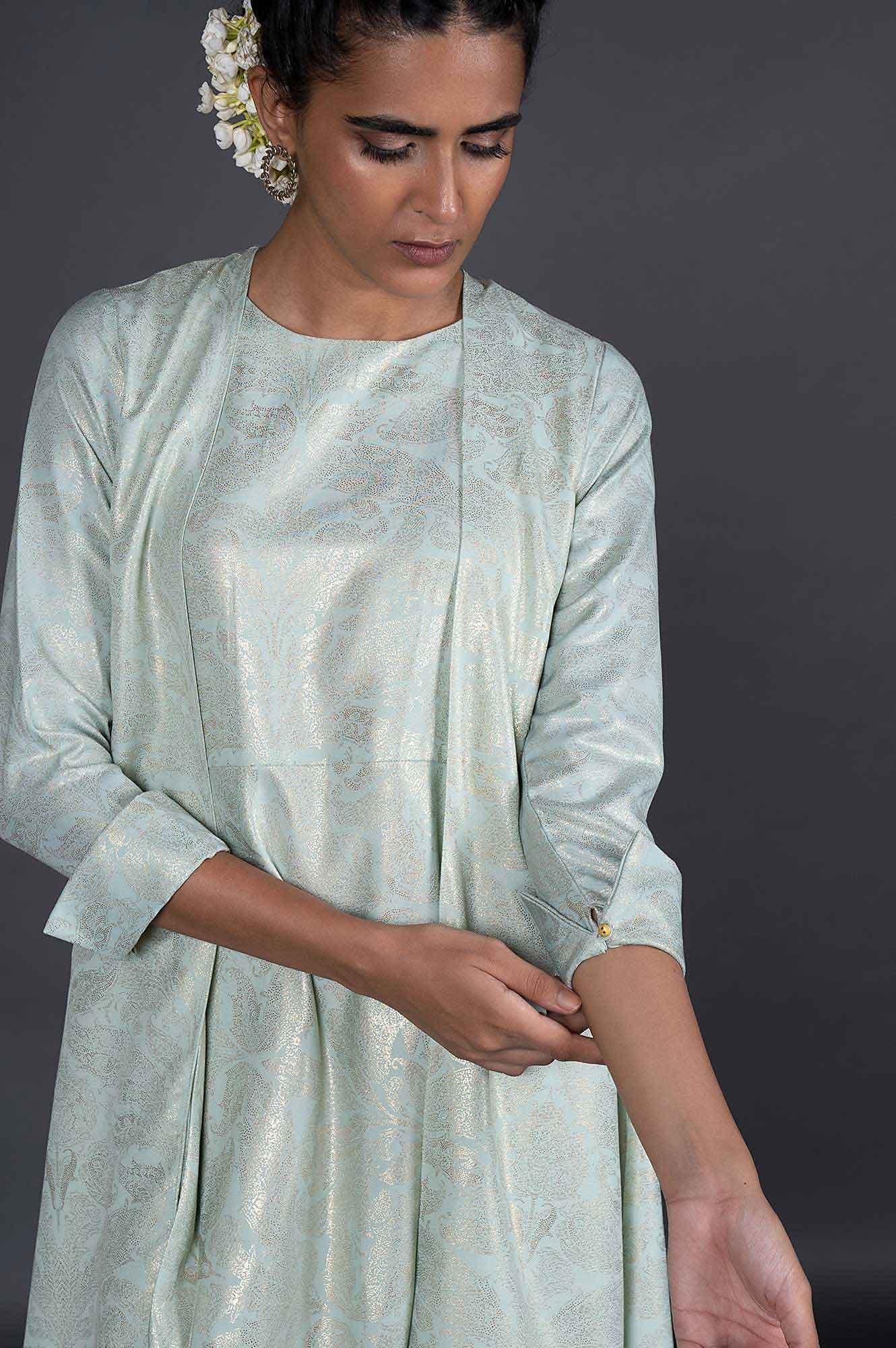 Green Mock Layered Printed Festive Cowl Dress - wforwoman