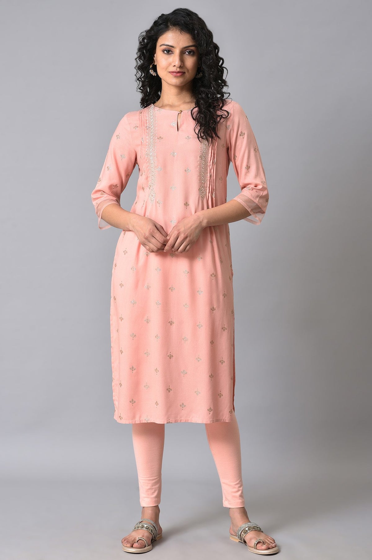 Peach Glitter Printed kurta - XS