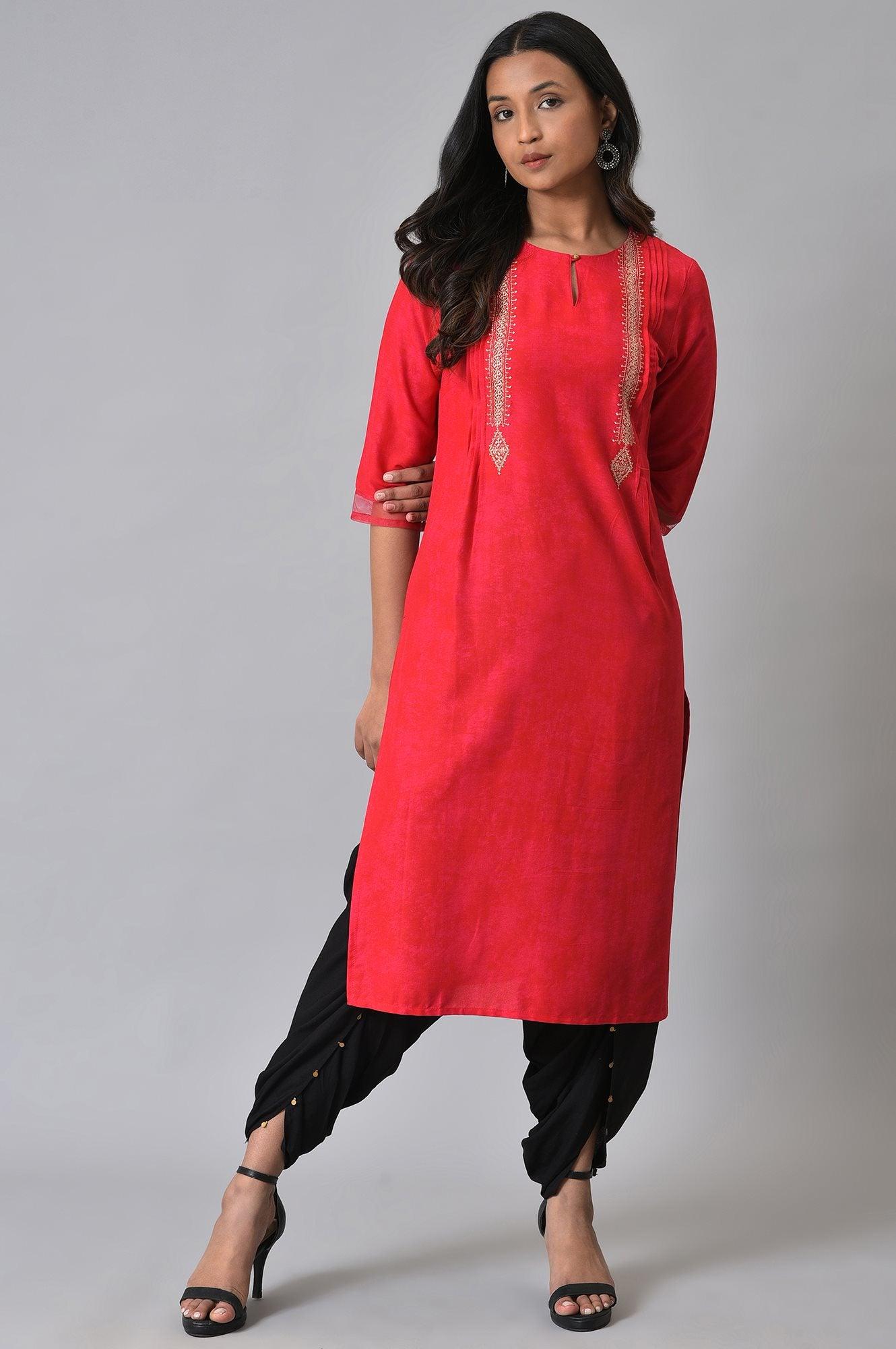 Red Embroidered Festive kurta - wforwoman
