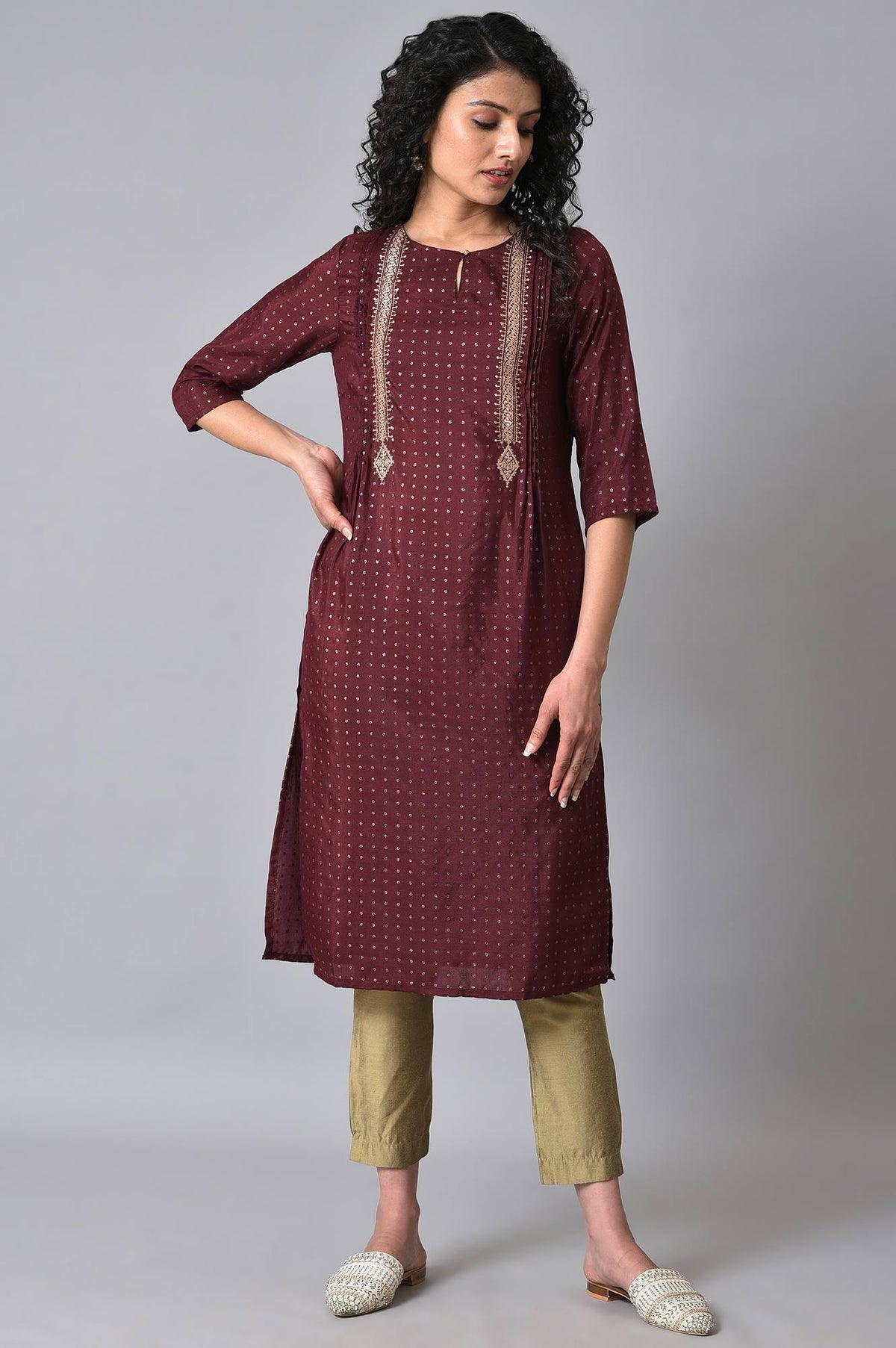 Maroon Gold Glitter Printed kurta - XS