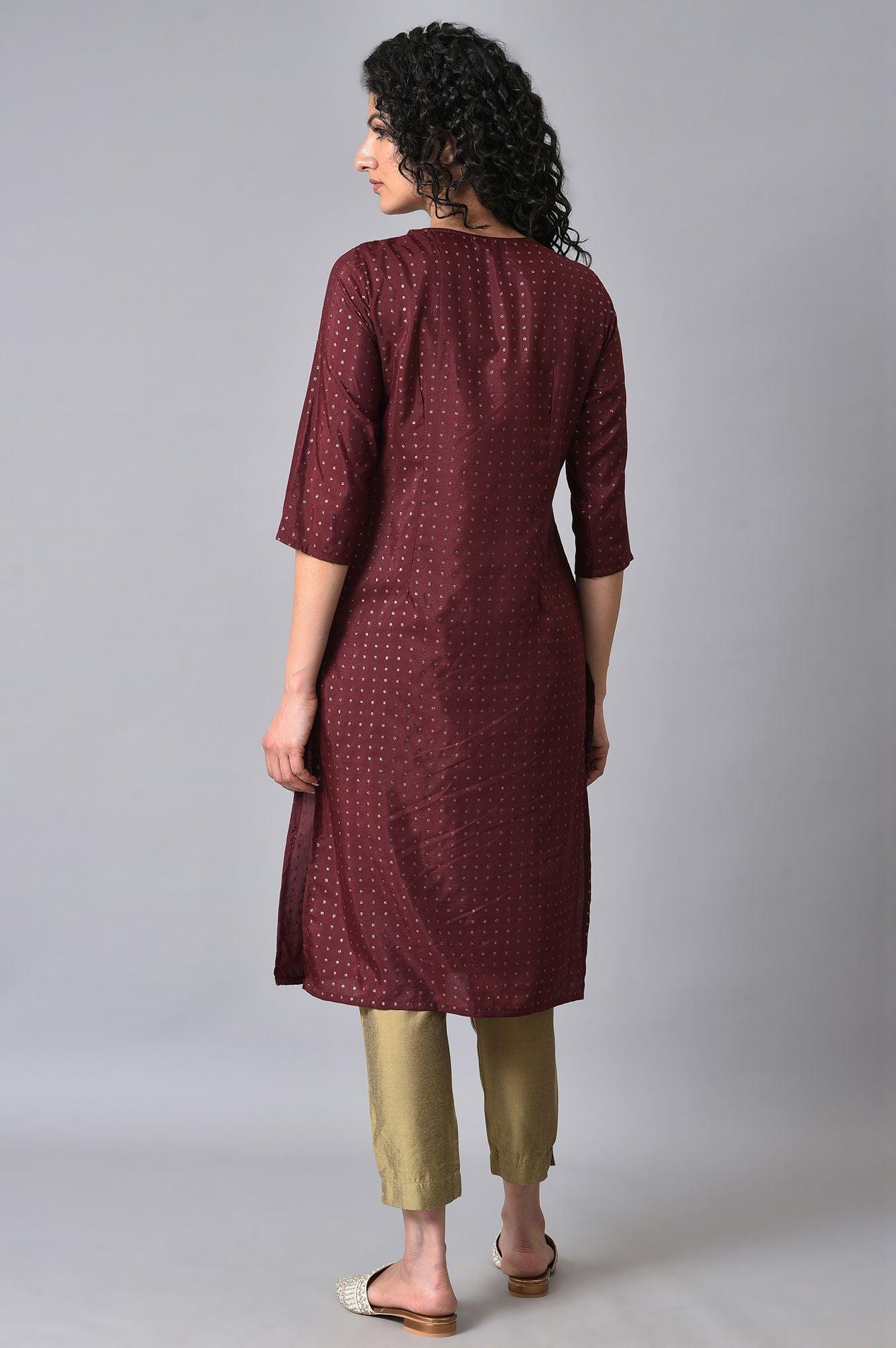 Maroon Gold Glitter Printed kurta - wforwoman