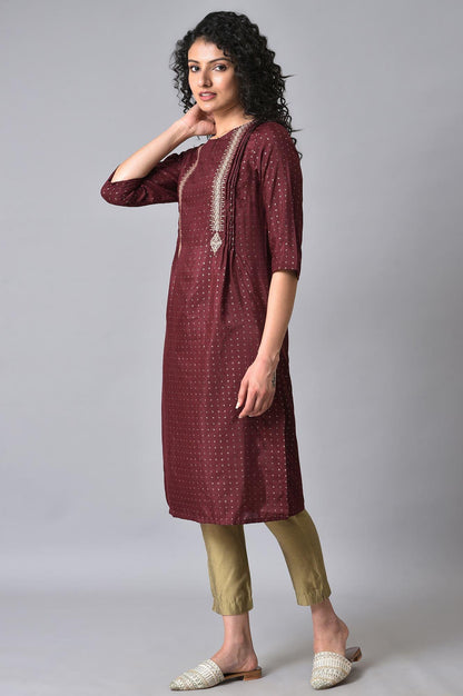 Maroon Gold Glitter Printed kurta - wforwoman