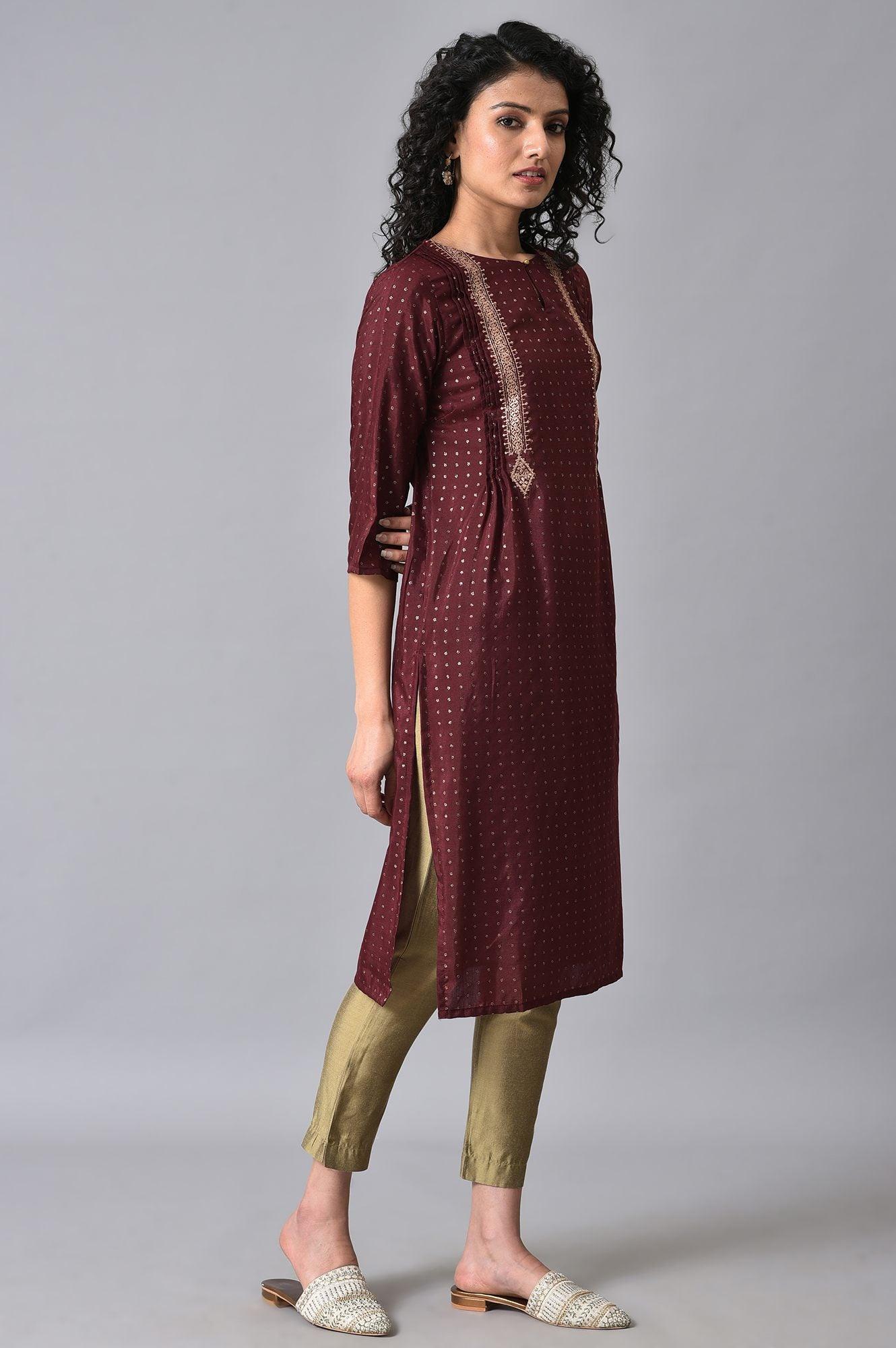 Maroon Gold Glitter Printed kurta - wforwoman