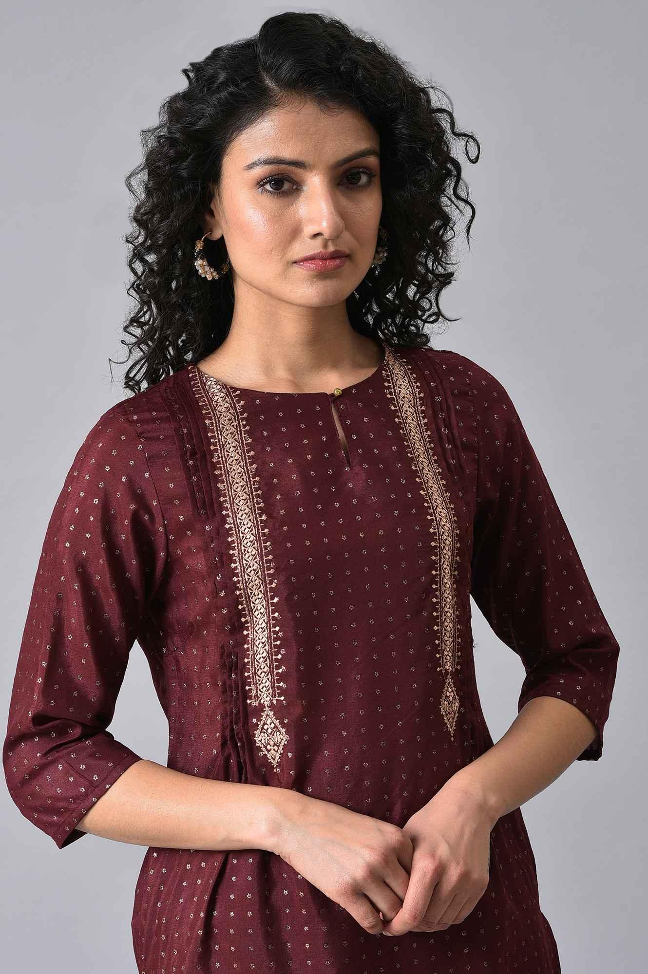 Maroon Gold Glitter Printed kurta - wforwoman