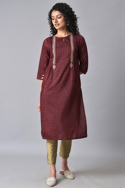 Maroon Gold Glitter Printed kurta - wforwoman