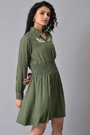 Olive Green Hand Embroidered Short Dress
