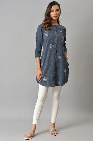 Blue Yarn Dyed Embroidered Tunic In Mandarin Collar - wforwoman