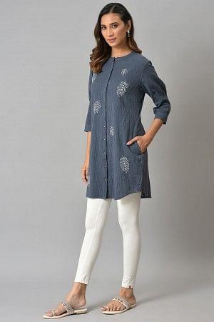 Blue Yarn Dyed Embroidered Tunic In Mandarin Collar - wforwoman