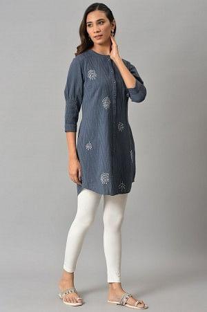 Blue Yarn Dyed Embroidered Tunic In Mandarin Collar - wforwoman