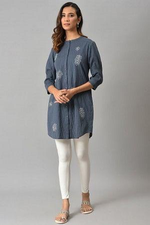 Blue Yarn Dyed Embroidered Tunic In Mandarin Collar - wforwoman